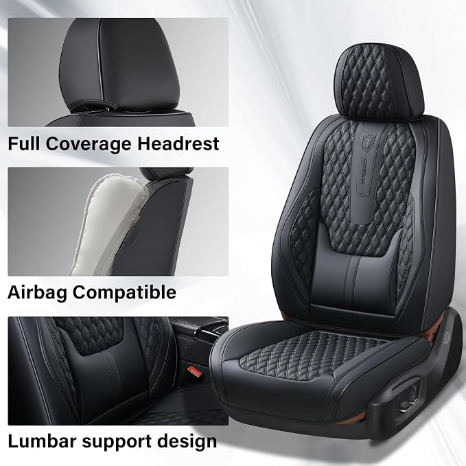 Coverado Front Seat Covers, Car Seat Covers Front Seats, Nappa Leather Seat Covers for Cars, Waterproof Seat Covers with Lumbar Support Universal Fit for Most Cars SUV Trucks (Front, Black)