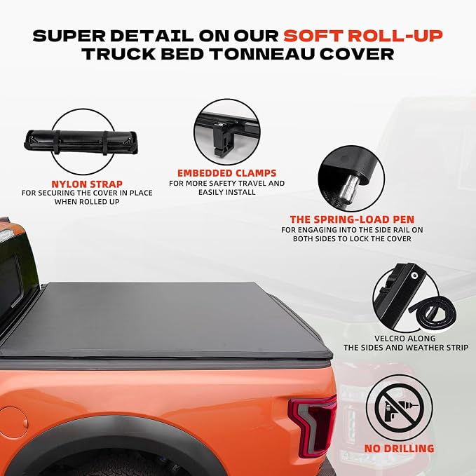 Soft Roll Up Truck Bed Tonneau Cover for 2016-2025 2026 Toyota Tacoma Fits 6FT Bed (73.7") | Only for Models with The Deck Rail System