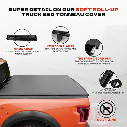 Soft Roll Up Truck Bed Tonneau Cover for 2016-2025 2026 Toyota Tacoma Fits 6FT Bed (73.7") | Only for Models with The Deck Rail System
