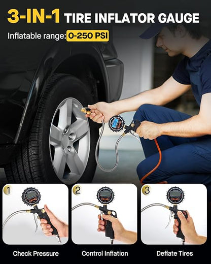 Vondior Digital Tire Pressure Gauge with Inflator, 250 PSI Heavy Duty Air Chuck with Tire Tread Depth Gauge, Stainless Steel Braided Hose with Quick Connect Coupler, Car Accessories