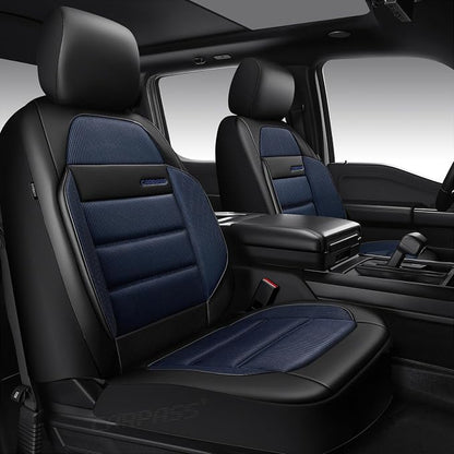 CAR PASS Memory Foam Seat Covers Front, Airy Cool Mesh Thick Car Seat Covers, Leather Car Seat Covers Front Seats Airbag Compatible, Universal Automotive Comfort for Most Cars, Trucks, SUV, Black Blue