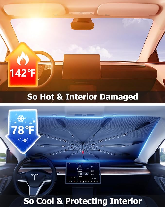 DMJN Umbrella Windshield Sun Shade for Jeep Wrangler JL JK JT TJ (2011-2026), Car Sunshade for Front Windshield [Nano Ice-Crystal Coatings] UPF50+ Heat & UV Block, Protect Interior & Keep Cooler