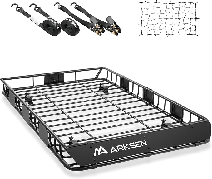 ARKSEN 64" x 39" x 5" Roof Rack Cargo Basket with Extension, Heavy Duty Steel Rooftop Cargo Carrier with Net & Tie Down Straps, 150 lbs Capacity, Universal Fit for SUV, Truck, RV, Pickup