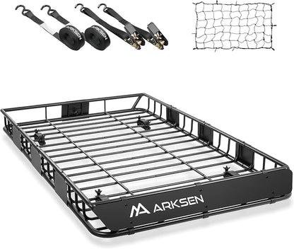 ARKSEN 64" x 39" x 5" Roof Rack Cargo Basket with Extension, Heavy Duty Steel Rooftop Cargo Carrier with Net & Tie Down Straps, 150 lbs Capacity, Universal Fit for SUV, Truck, RV, Pickup