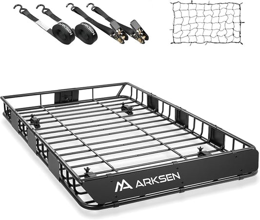 ARKSEN 64" x 39" x 5" Roof Rack Cargo Basket with Extension, Heavy Duty Steel Rooftop Cargo Carrier with Net & Tie Down Straps, 150 lbs Capacity, Universal Fit for SUV, Truck, RV, Pickup