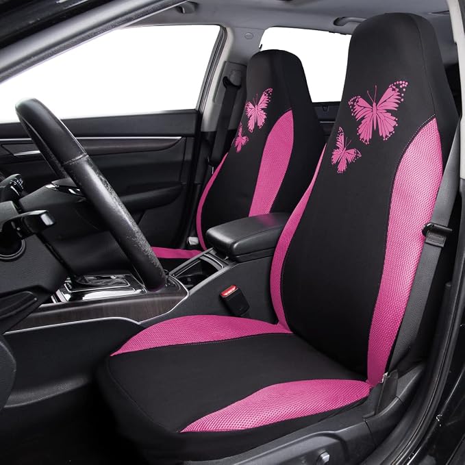 Flying Banner Butterfly car seat Covers ful Set Fashion Universal Lady Woman Female Rear Bench Split Colorized (2 Fronts, Pink)
