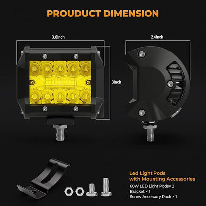 LED Pods, Turboo 4 Inch LED Light Bar Amber Flash Light, 2PCS 12000LM Off Road Light Triple Row Spot Flood Combo LED Work Driving Fog Lights for Pickup Truck ATV UTV SUV Boat Light