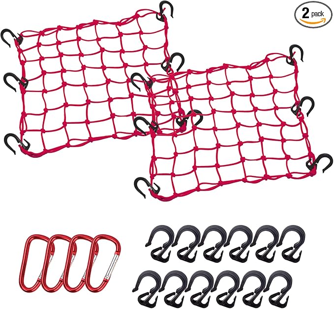 Cargo Net 15"x15" Stretches to 30"x30" with Thicken Hooks | Natural Latex Core, Tight 2”x2” Mesh Small Heavy Duty Bungee Net for Motorcycle Helmet, Bike, ATV, UTV, Luggage (Red, 2 Pack)