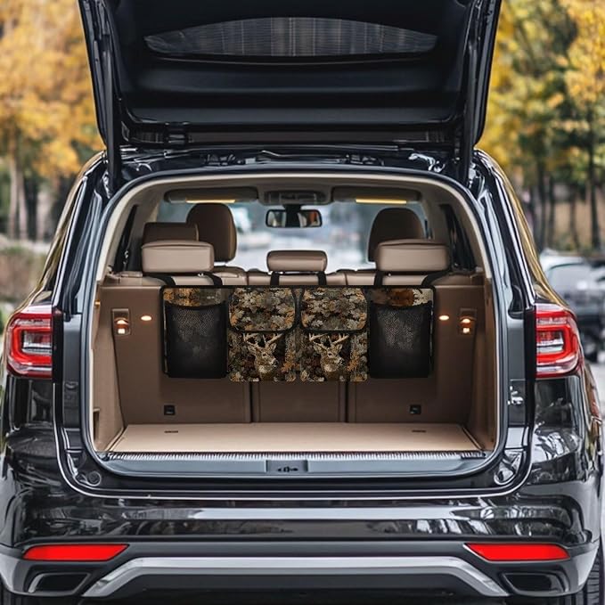Deer Hanging Car Organizer Waterproof Collapsible Cars Storage Bag with 4 Pockets Space Saving Camo Forest Car Trunk Storage Organizer with Lid for Cars,SUV,Sedan