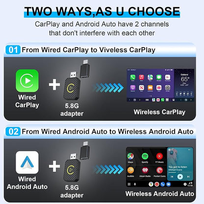 2-in-1 Wireless CarPlay and Android Auto Adapter, CarPlay Dongle Converts Wired to Wireless, Mini USB Design for Cars with Built-in Wired Apple CarPlay, Plug & Play, Auto-Connect for iPhone & Android