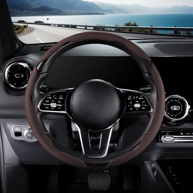 Nappa Leather Car Steering Wheel Cover for Men Women, Ultra-Thin Non-Slip Breathable Microfibre, Universal for 14.5"-15" Steering Wheel - Brown