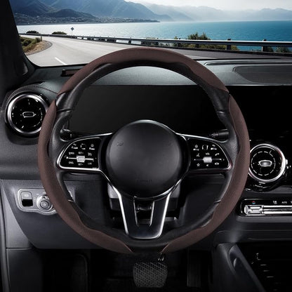 Nappa Leather Car Steering Wheel Cover for Men Women, Ultra-Thin Non-Slip Breathable Microfibre, Universal for 14.5"-15" Steering Wheel - Brown