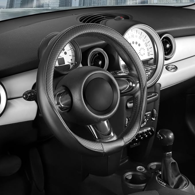 SEG Direct Steering Wheel Cover 14-14.25 inch (35.5-36 cm) Small Size, Microfiber Leather, Non-Slip Comfortable Grip, Fits Cars Prius Civic Model 3 Model Y Camaro, Black