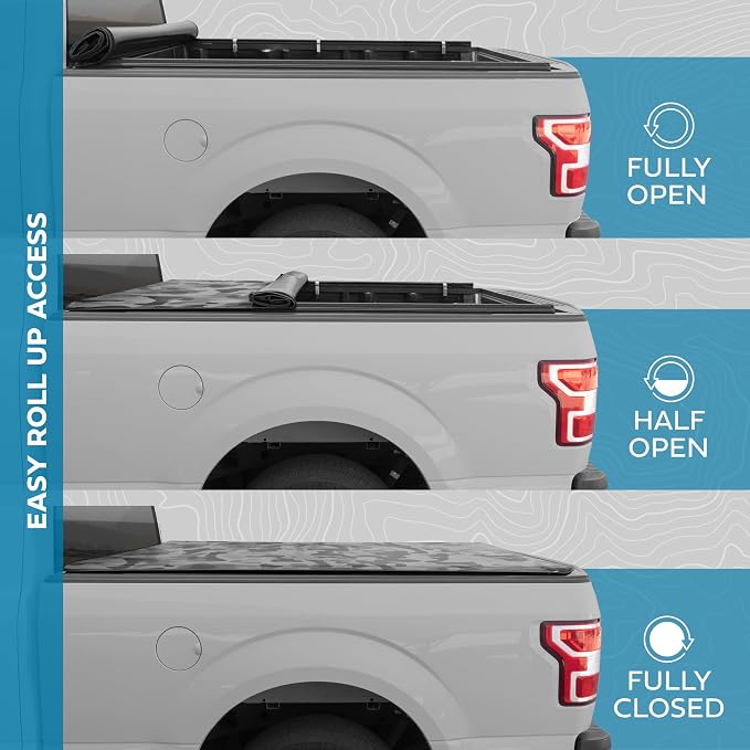 Camo Soft Roll-Up Truck Tonneau Cover for Chevy Silverado 1500 / GMC Sierra 1500 (2007-2018) with 5.8 ft Bed Length, All-Weather Retractable Truck Bed Cover with Black Camo Graphic