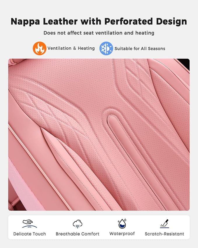Huidasource Car Seat Covers Full Set, Universal Fit for Most Cars SUV Trucks, Full Coverage Nappa Leather Seat Cover, Airbag, Cupholder Compatible, Velcro Adjustable, Seat Function Retain, Pink