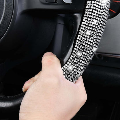 CAR PASS Bling Diamond Segmented Steering Wheel Cover with Crystal Rhinestones, 2PCS Wheel Protector Non-Slip Cute Car Accessories Universal Fit D-Shape O-Shape 14.5" to 16" for Women, Silver Diamond