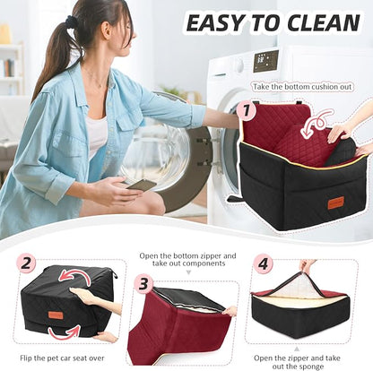 HEGGCOOE Dog Car Seat for Small Medium Dogs, Memory Foam Puppy Dog Booster Seat with Thick Cushion for Dogs Under 35lbs, Detachable Washable Pet Car Seat Travel Bed with Storage Pockets,2 Safety Belts