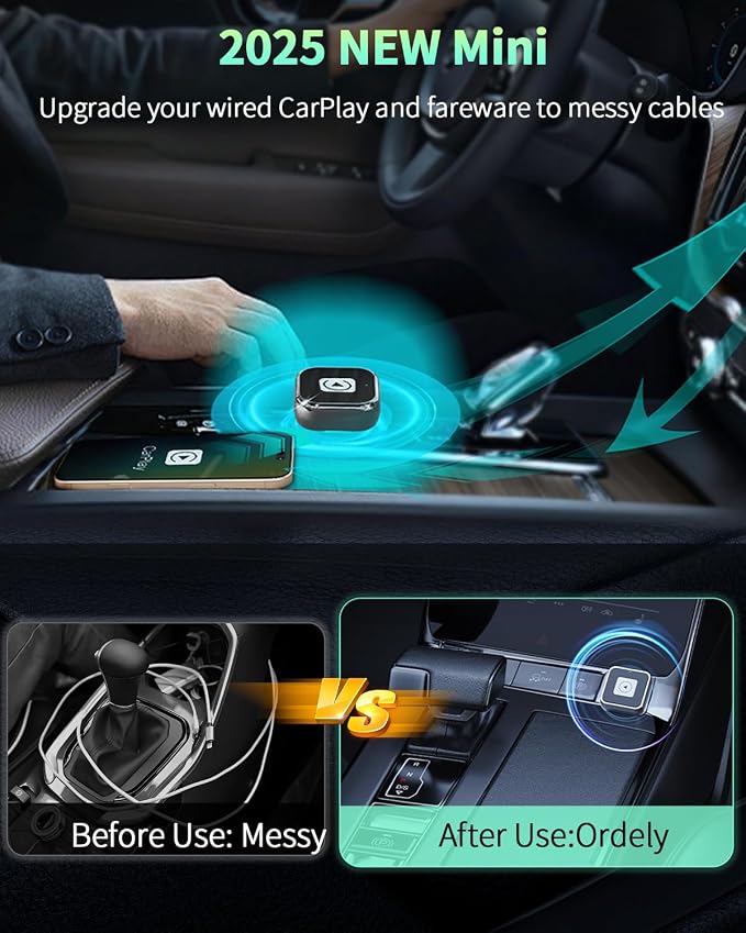 Wireless CarPlay & Android Auto Adapter 1-Inch (2.54cm) - Discreet Plug & Play, Stable Connection for Music/Navigation, Works with iPhone iOS 10+ & Android 11+,for 98% of Cars (2016-2025) (Black)