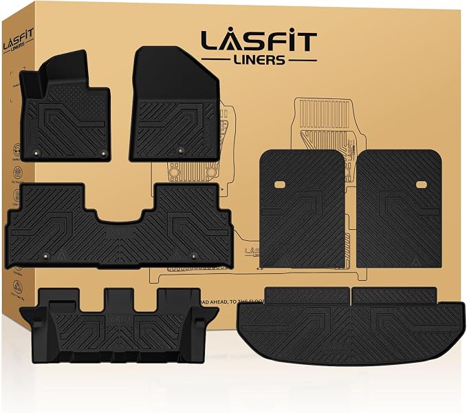 LASFIT Floor Mats & Backrest Mats & Cargo Mats for KIA Sorento 7 Seats 2020 2019 2018 2017 2016, All Weather TPE Custom Fit Floor Liners for KIA Sorento 1st & 2nd & 3rd Row Full Set Car Mats, Black
