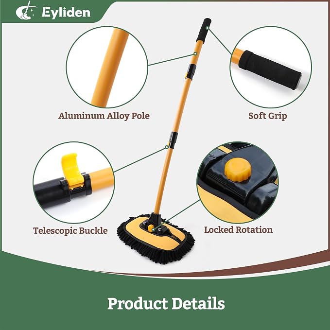Eyliden Car Wash Brush Mop with Long Handle, Yellow & Black | 90° Swivel Head with 45° Angle Lock, 2 Scratch-Free Microfiber Heads, Car Detailing Kit, for Car Truck RV