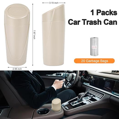 Car Trash Can, Leakproof Mini Car Garbage Can Cup Holder with Lid | Car Door Trash Bin with 20 Trash Bags, Vehicle Front Back Seat Organizers and Storage for Car, Home, Office, Beige