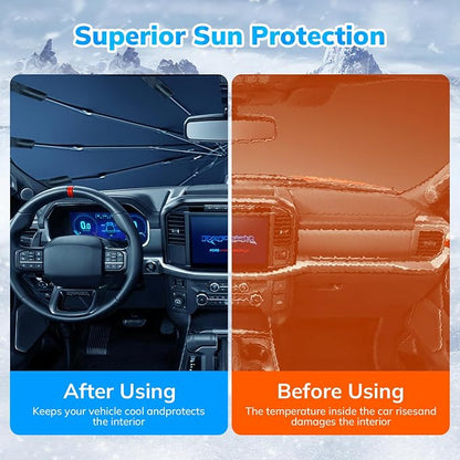 [2025 Latest] SEPORUD Car Windshield Sunshade Umbrella - Double-Layer Design, 5 Layers UV Block Coating. Blocks up to 99% UV, Reduces Heat. Durable Structure, Glass Fiber Material（61 "x33