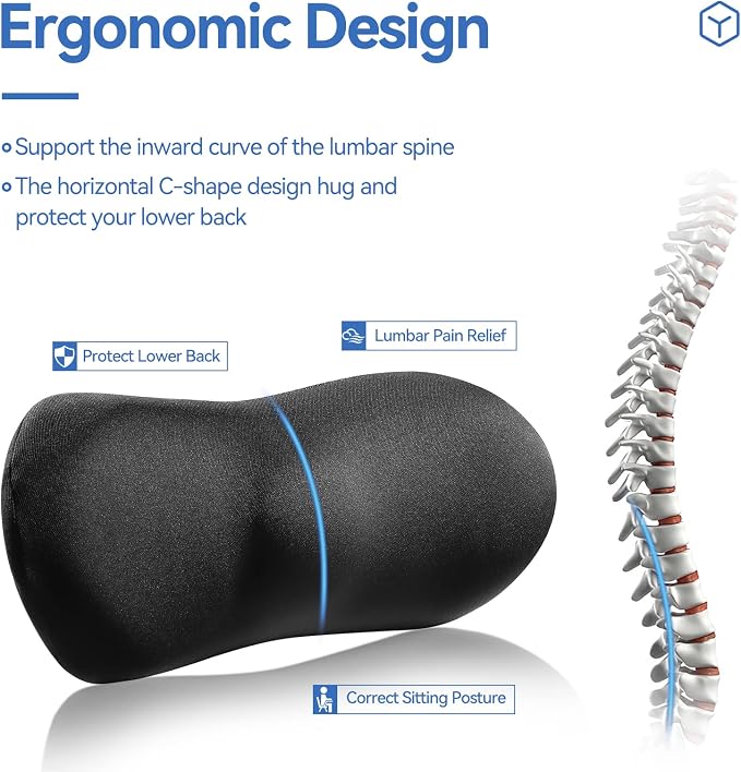 Lumbar Support Pillow for Car with Dual-Grip Stability System - Advanced Adaptive Memory Foam Back Pillow for Lower Back Pain Relief, Ergonomic Driving Seat & Office Chair Cushion, Black