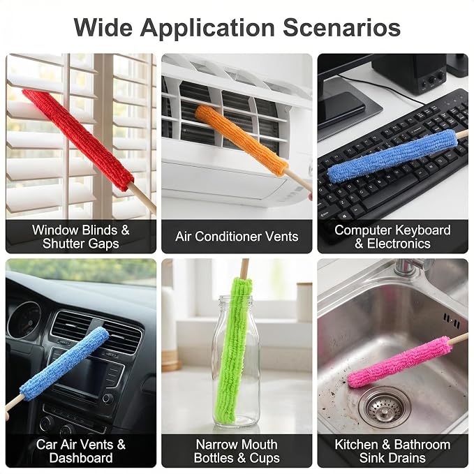 10-Pack 10.24 inch Microfiber Detail Duster Sticks, Reusable Mini Gap Dust Cleaner Crevice Tool, Fan Blade Brush for Car Air Vents, Window Blinds & Small Spaces