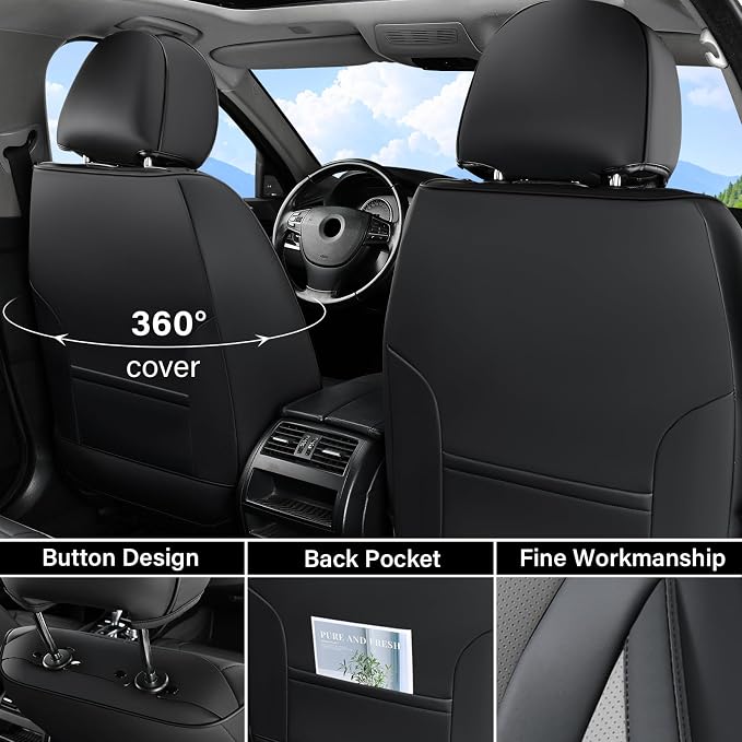 Coverado Waterproof Nappa Leather Car Seat Covers, Automotive Seat Covers，Front Car Seat Cushion & Car Seat Protector, Black&Gray Seat Covers Universal Fit for Most Cars, SUVs, Trucks