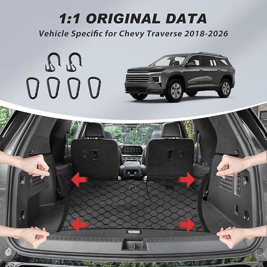 Karltys Envelope Style Cargo Net for 2018-2024 2025 2026 Chevy Traverse Accessories, Elastic Rear Trunk Mesh Cargo Net for Traverse Heavy Duty Nylon Mesh Storage Netting with Metal Hooks