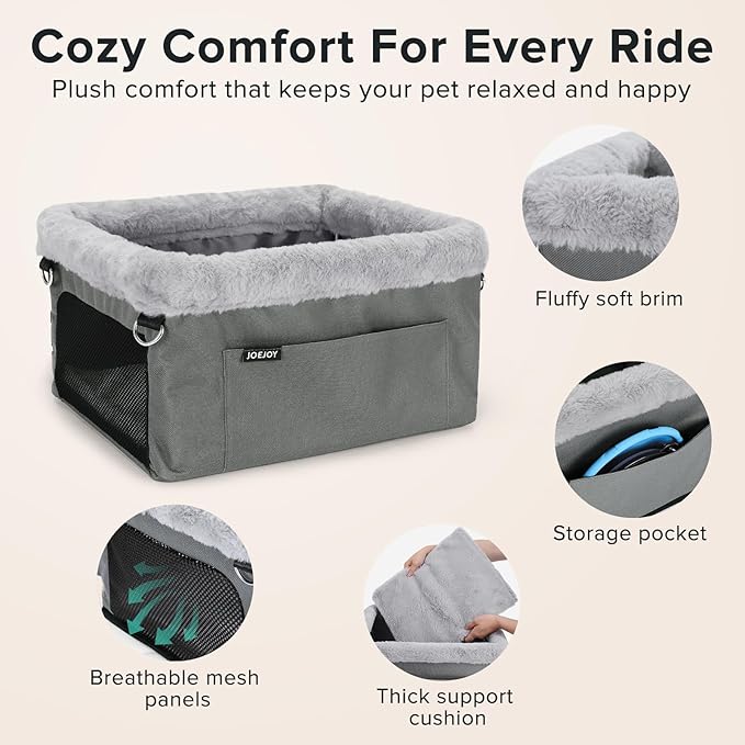 JOEJOY Deluxe Dog Booster Seat with Sturdy Metal Frame and Safety Leash for Small Pets up to 20 lbs - Portable Puppy Dog Car Seat with Thick Cushion and Storage Pockets for Small Dogs