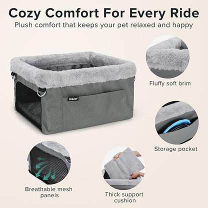 JOEJOY Deluxe Dog Booster Seat with Sturdy Metal Frame and Safety Leash for Small Pets up to 20 lbs - Portable Puppy Dog Car Seat with Thick Cushion and Storage Pockets for Small Dogs