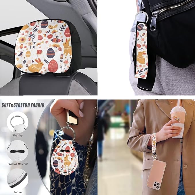 13 Set Easter Egg Rabbit Car Seat Cover Full Set, Ditsy Flower Bunny Breathable Decor, Easter Day Floral Seat Belt Pads Universal Car Seat Cover Steering Wheel Cover
