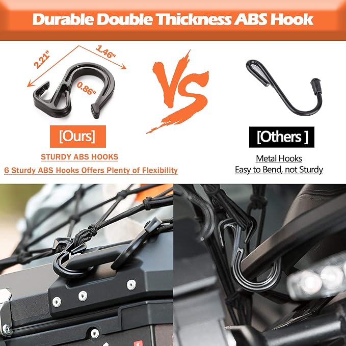 Small Cargo Net 15"x15" Stretches to 30"x30" with Thicken Hooks | Natural Latex Core, Tight 2”x2” Mesh Heavy Duty Bungee Net for Motorcycle Helmet, Bike, ATV, UTV, Luggage (Red, 2 Pack)