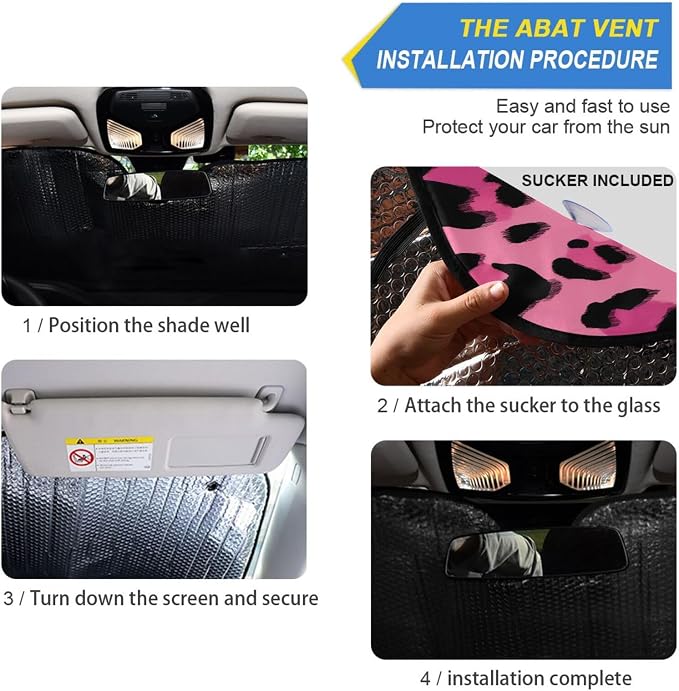 Hot Pink Black Leopard Print Windshield Sun Shade for Car Auto SUV Truck Foldable Front Window Sunshade Sun Visor Protector Block UV Rays Reflect Heat, 55" x 28"