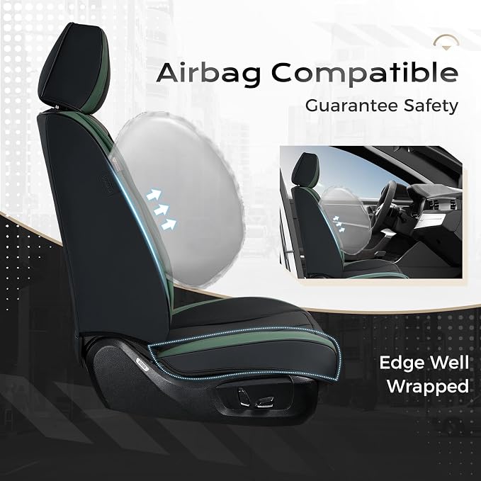 Coverado Car Seat Covers Full Set, Green Car Seat Cover, Car Leather Seat Protector with Lumbar Support, Waterproof Car Seat Cushion, Leather Seat Covers Universal Fit Most Cars, (Black&Green)