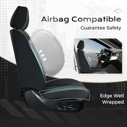 Coverado Car Seat Covers Full Set, Green Car Seat Cover, Car Leather Seat Protector with Lumbar Support, Waterproof Car Seat Cushion, Leather Seat Covers Universal Fit Most Cars, (Black&Green)