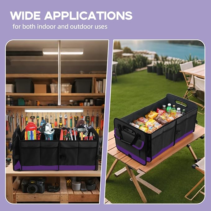 Trunk Organizer for Car, Sturdy Storage Organization with Non-Slip Bottom Strips, 95L Large Capacity Cargo Organizer for Suv, Truck, Sedan, Waterproof Portable Car Organizers for Women Men(Purple)