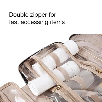 BAGSMART Toiletry Bag Travel Bag with Hanging Hook, Water-resistant Makeup Cosmetic Bag Travel Organizer for Accessories, Shampoo, Full-size Container, Toiletries (Khaki Checkerboard, Medium)