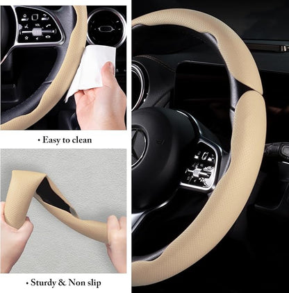 Car Steering Wheel Cover Leather Snap On 3Pcs Set Non-Slip Protector Wrap Steering Wheel Accessories 14.5-15 inch Universal Beige