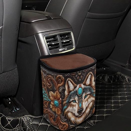 Talayituse Vintage Brown Wolf Print Car Trash Bin, Large Size Auto Trash Can Adjustable Portable Garbage Can with Lid, Vehicle Hanging Bag for Headrest Front Back Seat