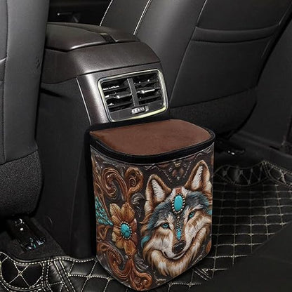 Talayituse Vintage Brown Wolf Print Car Trash Bin, Large Size Auto Trash Can Adjustable Portable Garbage Can with Lid, Vehicle Hanging Bag for Headrest Front Back Seat