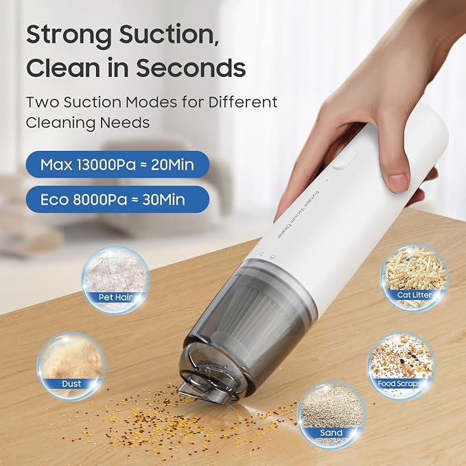 Handheld Vacuum Cordless, Car Vacuum Portable with 2 Suction Modes, Blow & Suction 2-in-1, Mini Vacuum Cleaner Rechargeable for Car, Home, Pet Hair, Office, Desk, Keyboards (White)