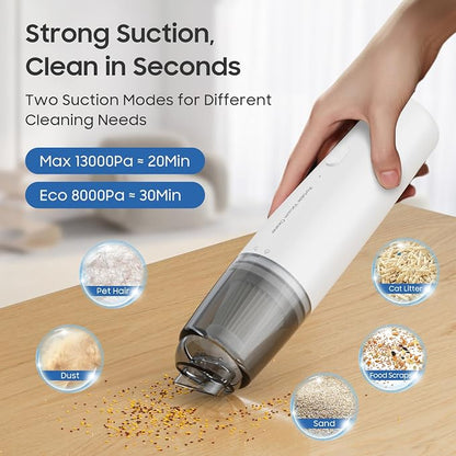 Handheld Vacuum Cordless, Car Vacuum Portable with 2 Suction Modes, Blow & Suction 2-in-1, Mini Vacuum Cleaner Rechargeable for Car, Home, Pet Hair, Office, Desk, Keyboards (White)