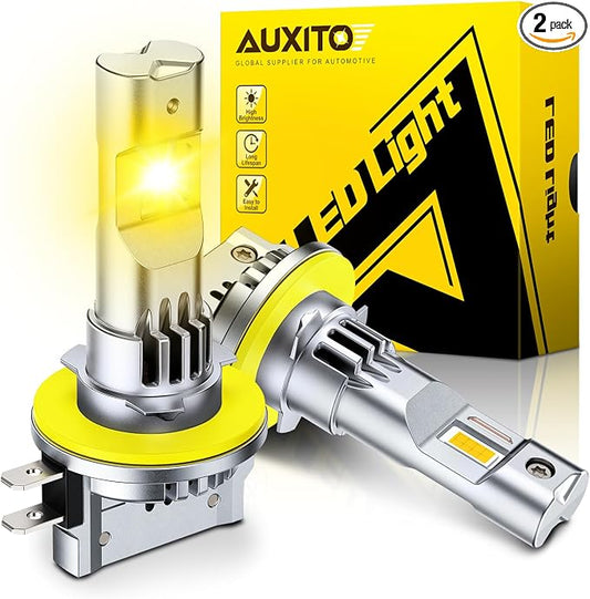 AUXITO Upgraded H11B Bulb, 16000LM 3000K Amber Yellow Light, 1:1 Mini Size No Adapter Needed, 3 Min Quick Install, No Flicker, 99% Compatibility, Pack of 2