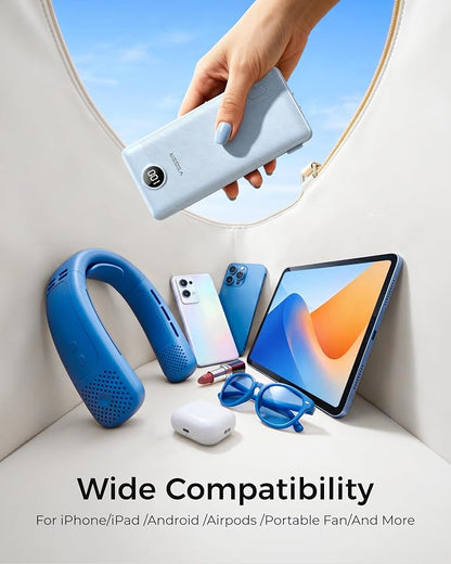 VEGER Portable Charger Power Bank with Built-in AC Plug and Cables, All in One 10000mAh Ultra Slim Travel Essentials, Fast Charging Battery Pack Compatible with iPhone, Samsung, Android (Blue)