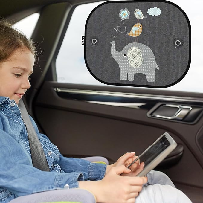 Car Sun Shades for Baby, 2 Pack Mesh Window Shade Baby Kids Pet with Cute Animal Motifs, Side Window Screens for SUV, 17"x14" Universal Car Sun Shades with Suction Cups