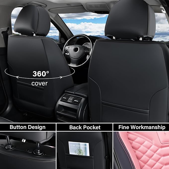 Coverado Seat Covers Full Set, Waterproof Nappa Leather Seat Covers for Cars, 5 Seats Universal Car Seat Protectors, Black and Pink Leather Car Seat Covers Car Seat Cushions Fit for Most Cars