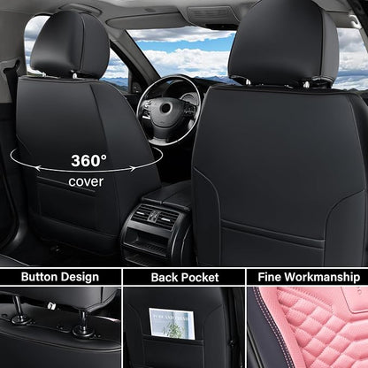 Coverado Seat Covers Full Set, Waterproof Nappa Leather Seat Covers for Cars, 5 Seats Universal Car Seat Protectors, Black and Pink Leather Car Seat Covers Car Seat Cushions Fit for Most Cars