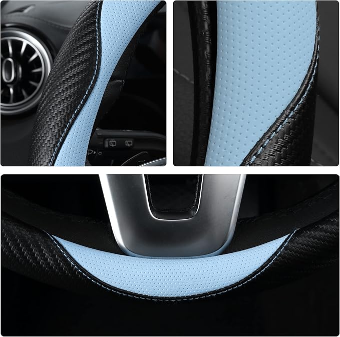 HighnessHwoo Car Steering Wheel Covers for Women Girl Padded Carbon Fiber PU Leather Cute Cartoon Auto Interior Accessories for Jeep, Truck, Universal, Anti Slip, Blue, Large Size, 15.2-16in